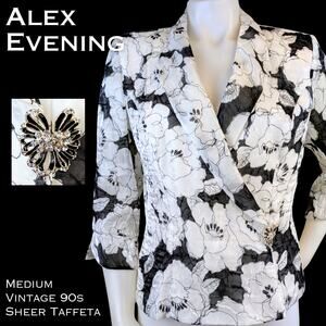 VTG Alex Evenings Black White Floral Sheer Crop Jacket Medium Taffeta Evening